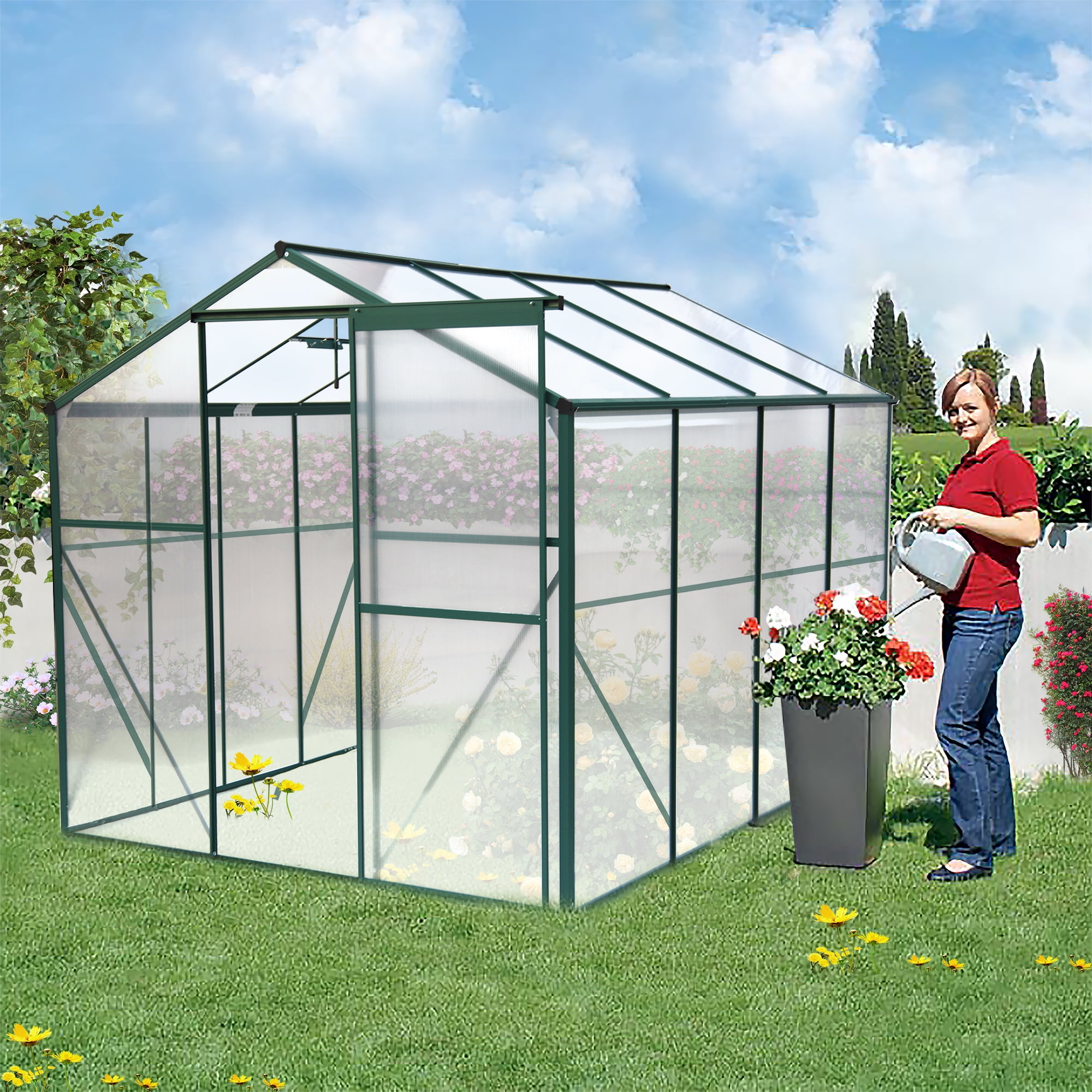 Tookss 6X8FT Walk In Greenhouse with Adjustable Roof, Sliding Door, Drainage System & Galvanized Base, Aluminum HeavyDuty Greenhouses for Outdoor Backyard in All Season