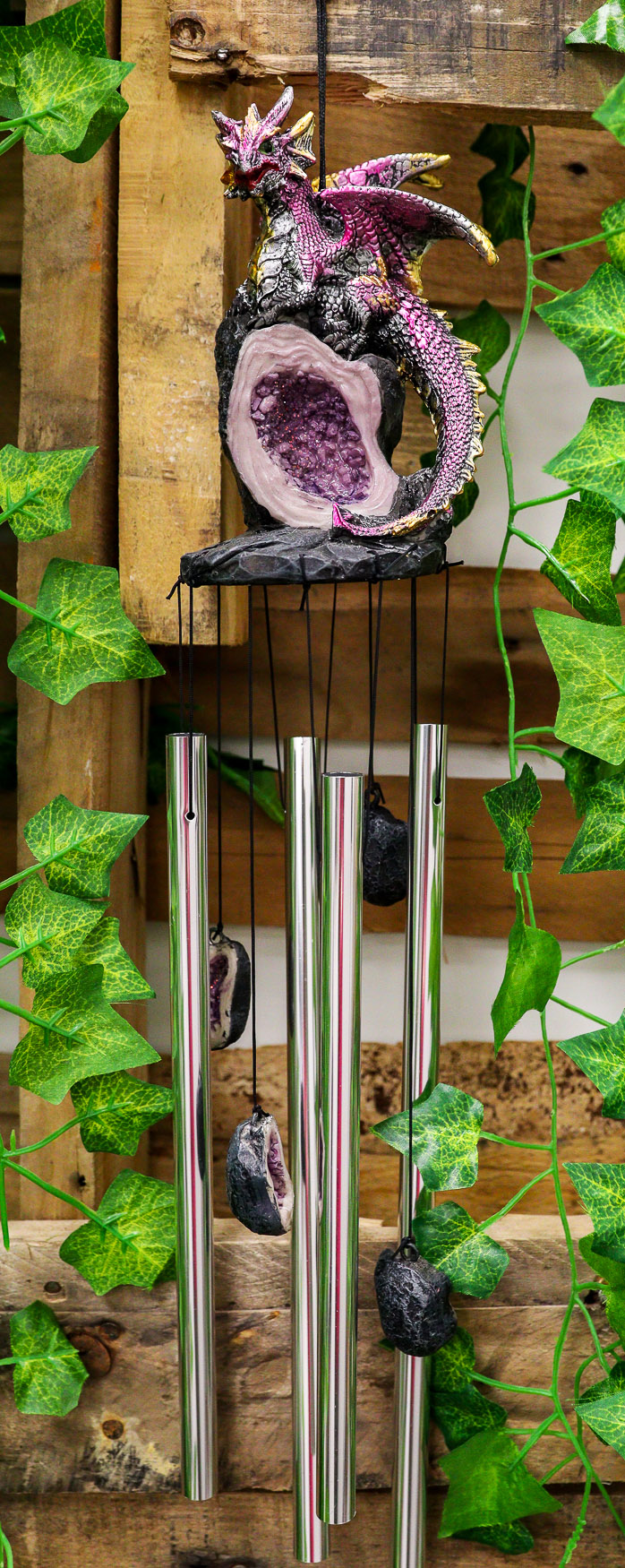 Medieval Purple Dragon Guarding Topaz Crystal Geode Rock Figurine Wind Chime