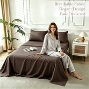 Jessy Home Bed Sheets Set 4 Piece Queen/Full Sheet Set Brown Gray Cotton Blend Fitted Sheet, Flat Sheet & 2 Pillowcases Bedding Set