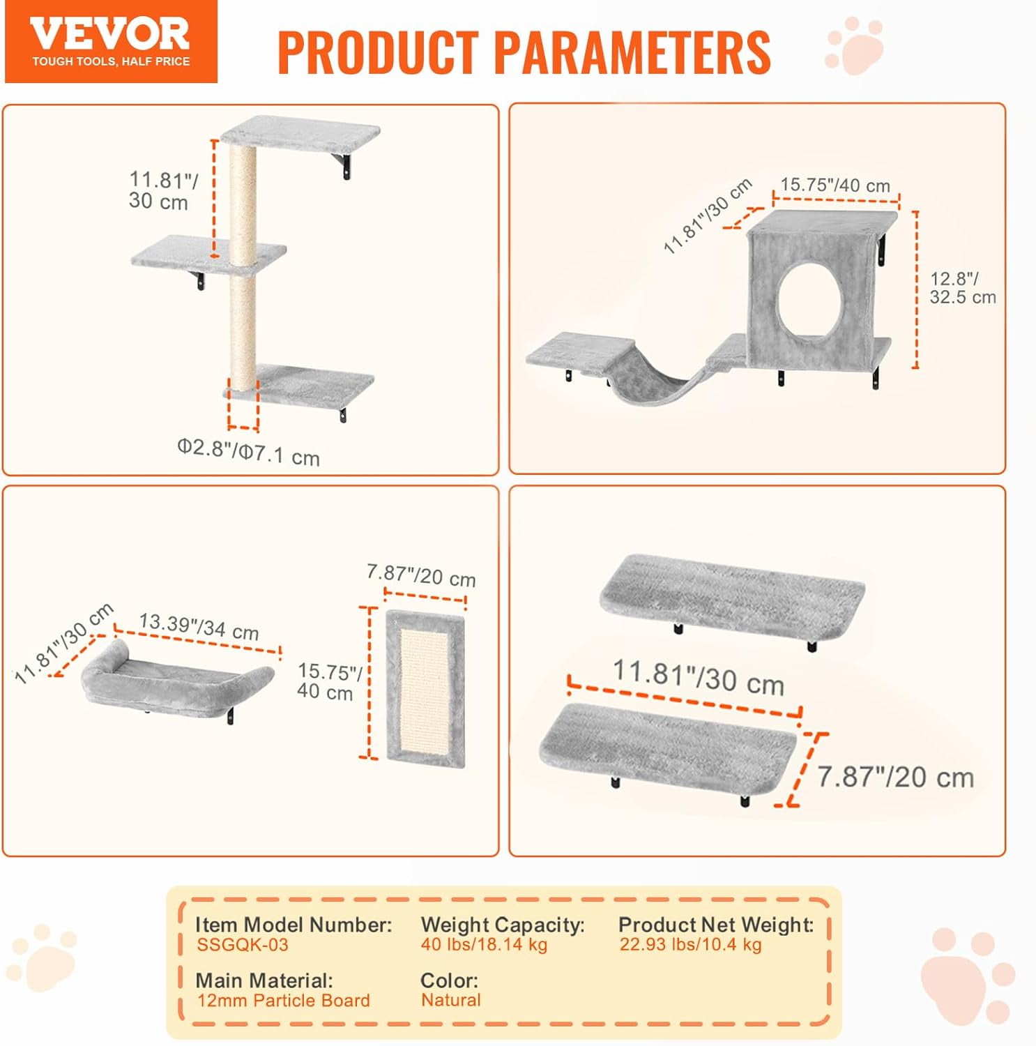 Wall Mounted  Shelves Set of 6 with Jumping Boards Hammock Sofa for Climbing Playing Sleeping  to 40 lbs