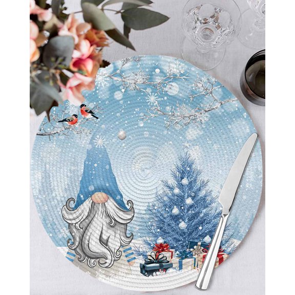 13 Inch Round Placemats Set of 6, Blue Christmas Non Slip Heat Insulation PP Table Mats, Gnomes Xmas Tree Snowflake Winter Gifts Washable Place Mats for Kitchen Dining Party Table Decor