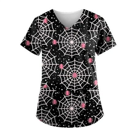 

Mchoice Womens Halloween Costumes V-Neck Short Sleeve Nursing Uniform Workwear Halloween Pumpkin Bats Ghost Printed Graphic Tees Blouse Scrubs Tops with Pockets