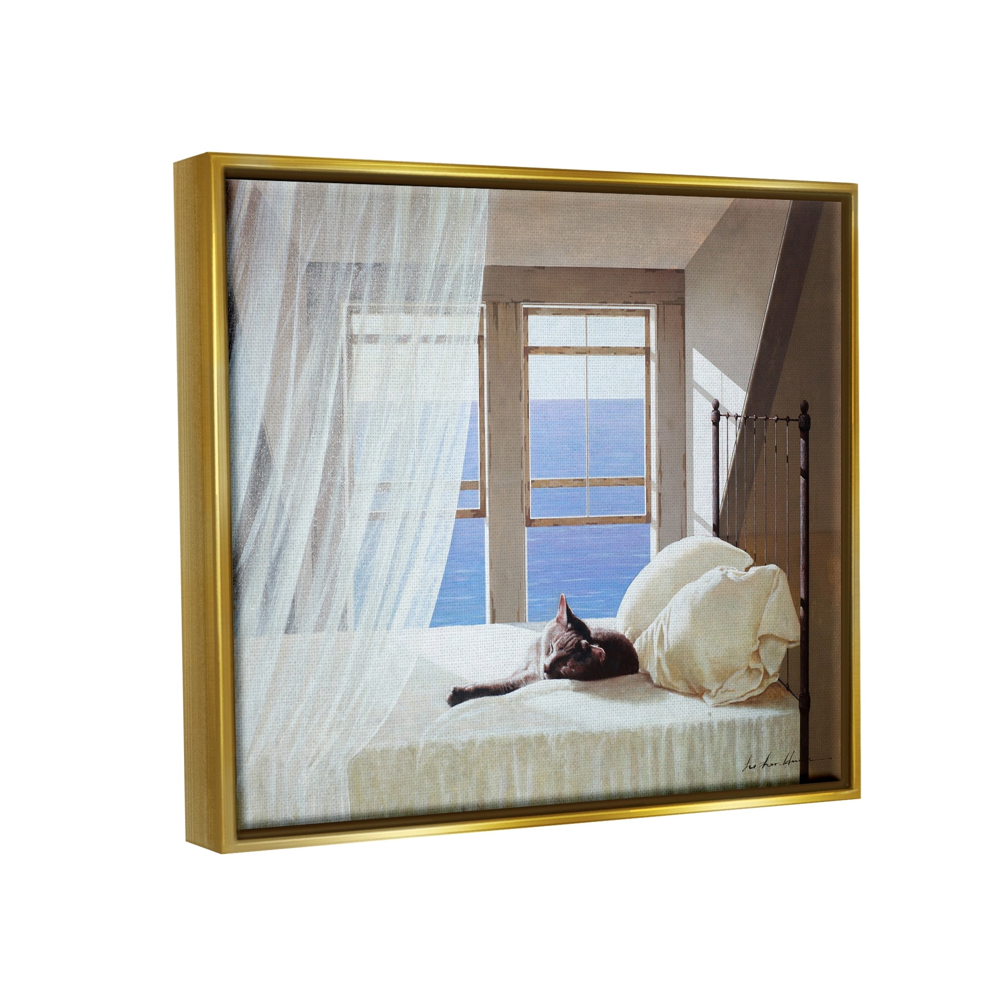 Stupell Industries Cat Resting on White Oceanside Bed Nautical Painting Metallic Gold Framed Floating Canvas Wall Art, 16x20, by Zhen-Huan Lu