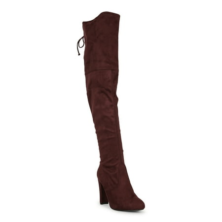

New Women Wild Diva Amaya-01 Faux Suede Thigh High Drawstring Chunky Heel Boot