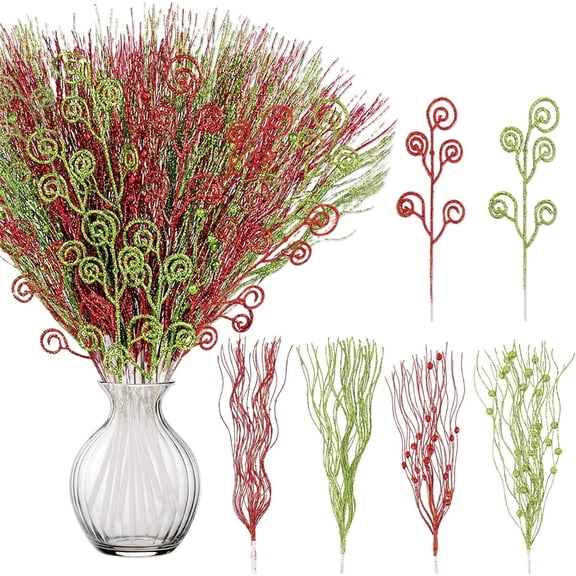 Yahome 32 Pcs Red Green Christmas Tree Picks Decorations 17''/12'' Christmas Tree Topper Artificial Glitter Berry Branches Filler Ornaments Decorative Sticks for Xmas Wreath Craft Vase Filler