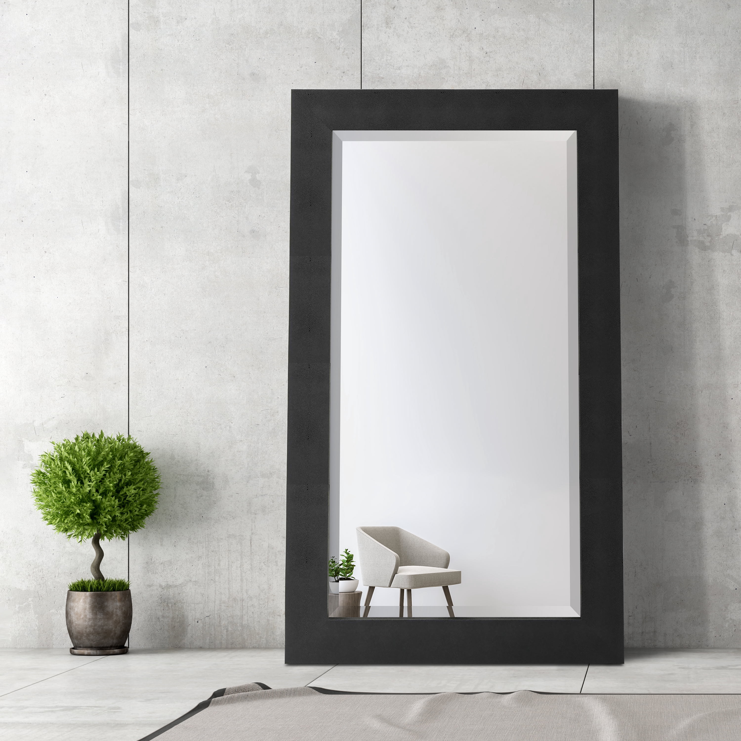 Empire Art Direct Black on Black Metallic Shagreen Leather Framed Beveled Mirror, 80" x 48"