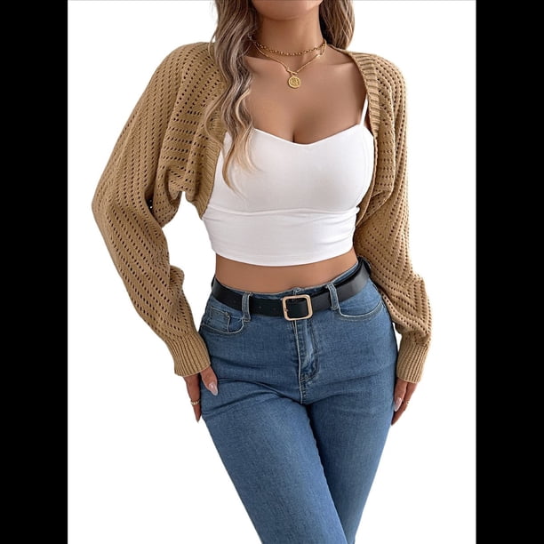 Suéter de Crochet Y2K para Mujer, Cárdigan Corto de Punto con Mangas Largas y Abertura Frontal y de Murciélago. Caqui M