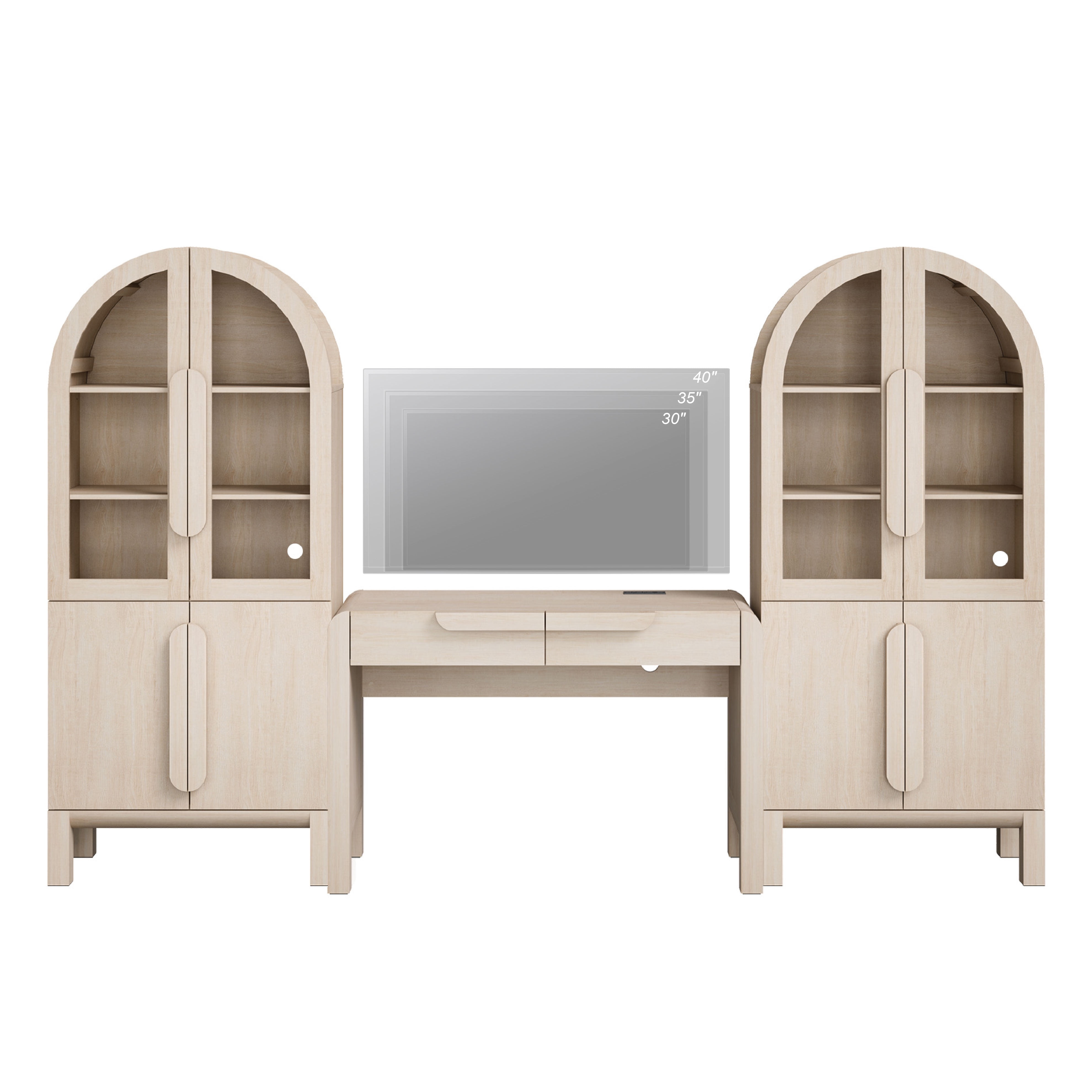 Home Office Set, 47" Modern Executive Desk with Charging Station and Drawers & 2 Piece 71"H Tall 3-Tier Arched Bookcases with Glass Door for Living Room, Bedroom, Home Office