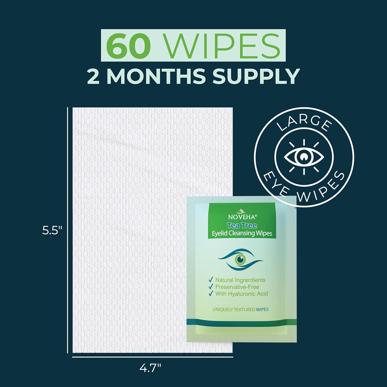 NOVEHA 60PCs Tea Tree Oil Eyelid Wipes | Blepharitis, Itchy & Stye Eyes – With Hyaluronic Acid, Green Tea & Chamomile, Natural Eye Makeup Remover & Daily Cleanser | Individually Wrapped