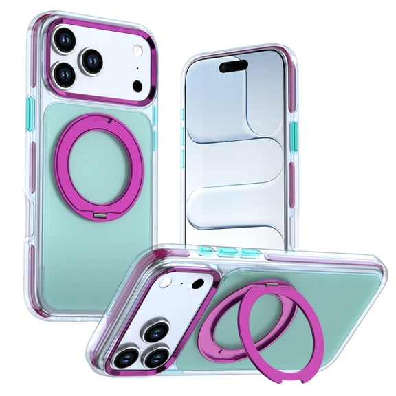 Lunvic Case for iPhone 18 Pro, Clear Magnetic Cover with Rotatable Metal Ring Kickstand, Anti-Yellowing Shockproof Bumper, Rose