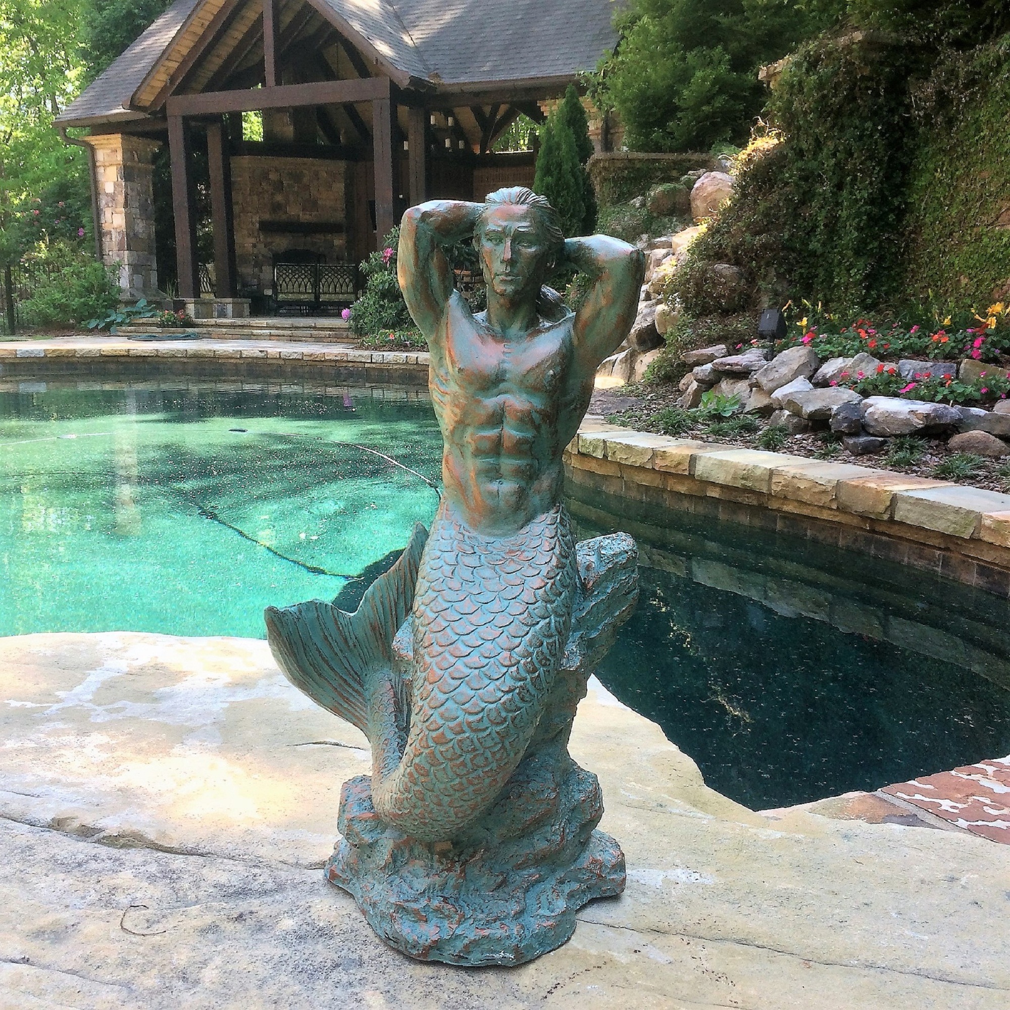 Homestyles 21"H Bronze Patina Sexy Merman Mermaid Sitting on Rock Nautical Beach Extra Large Statue