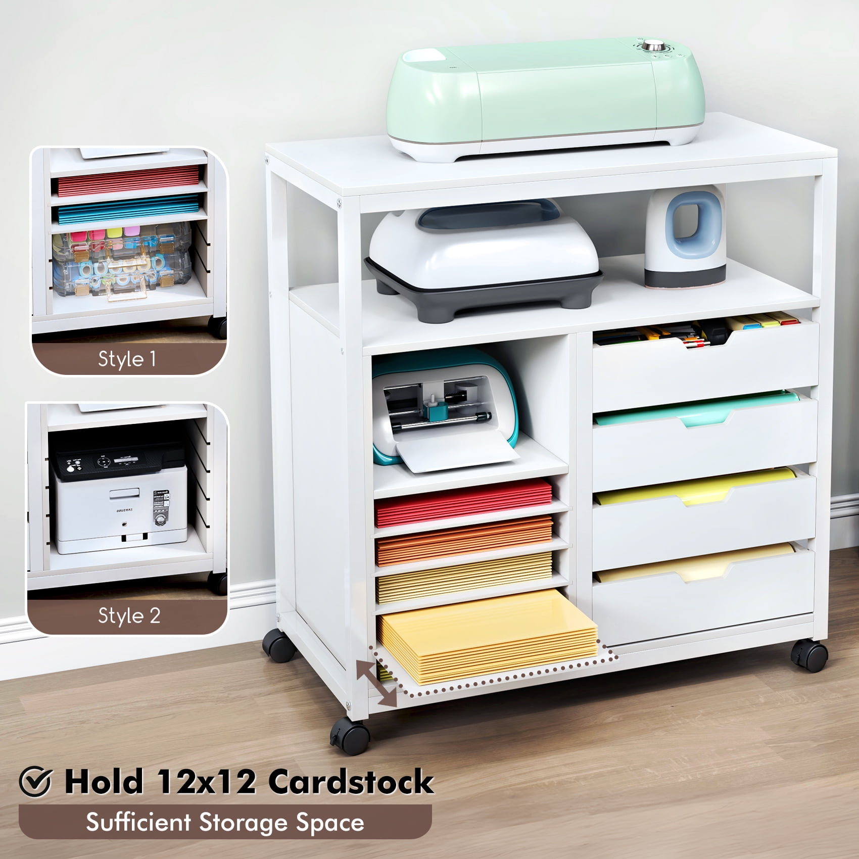 TC-HOMENY Mobile Craft Storage Utility Cart Compatible w/ Cricut Machines, Multifunctional Craft Organizer Container w/ Large Space, Rolling Modern Furniture w/ Wheels, White
