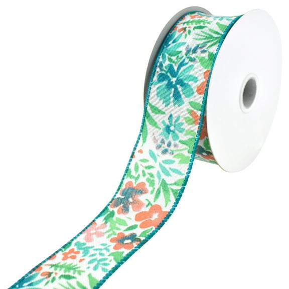 Watercolor Flowers Faux Linen Wired Ribbon, 1-1/2-inch, 10-yard, Aqua