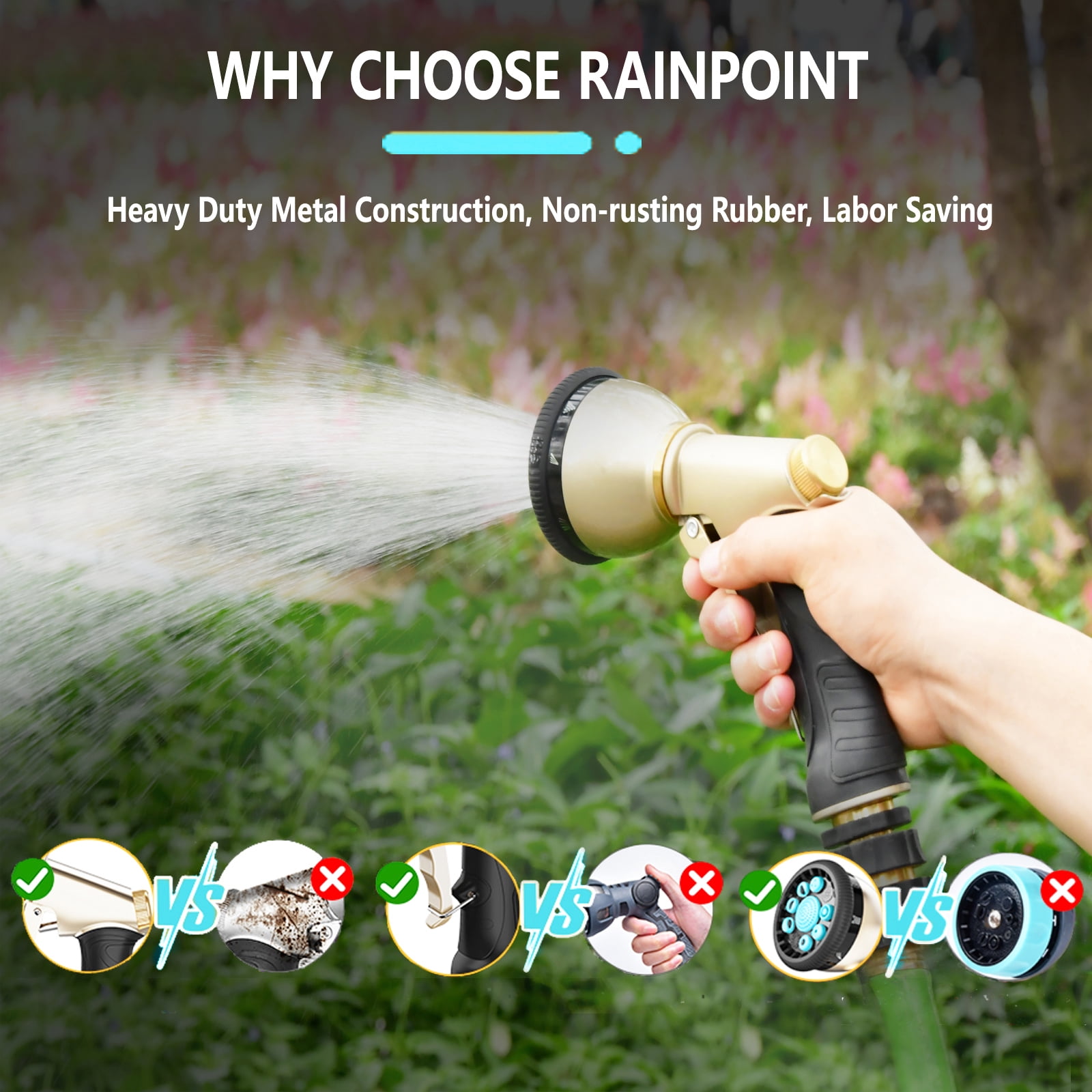 RainPoint Garden Hose Nozzle Sprayer, Watering Nozzles Heavy Duty Metal Flow Control 9 Types of Sprays,Blue