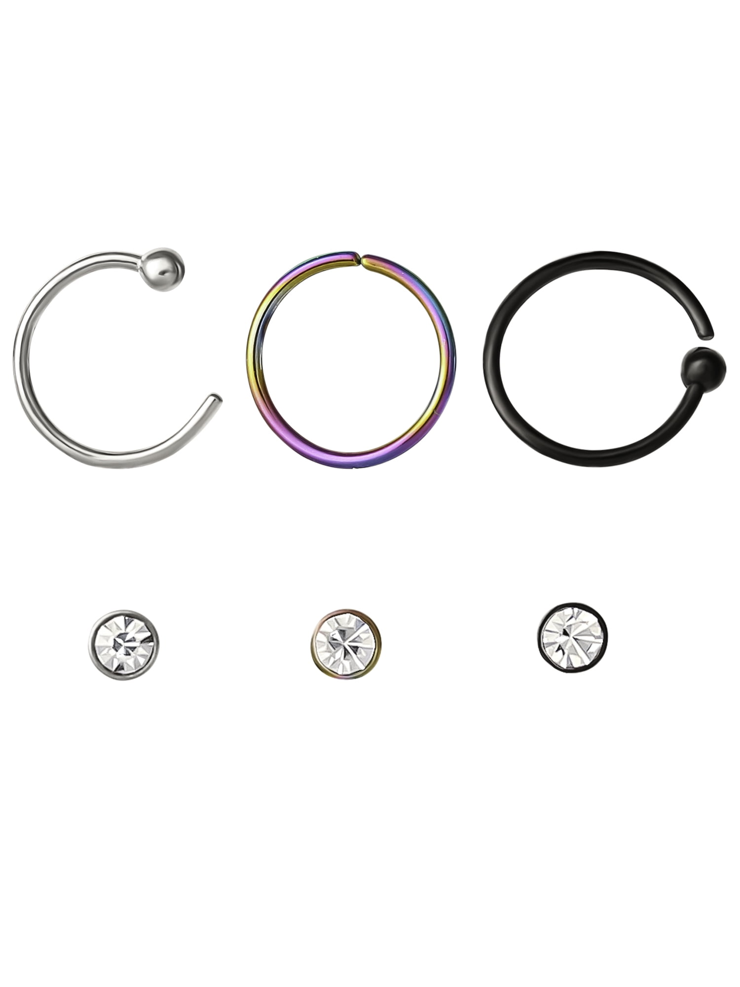 Body Jewelry Adult Women's Stainless Steel 316L 20G Crystal Nose and Hoop Set, 6 Pack