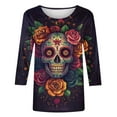 thumbnail image 5 of Haut pour Femme Imprimé Jour des Morts Manches 3/4 Col Rond Ample pour Chemise Décontractée à Manches Longues, Jour des Morts, 5 of 5