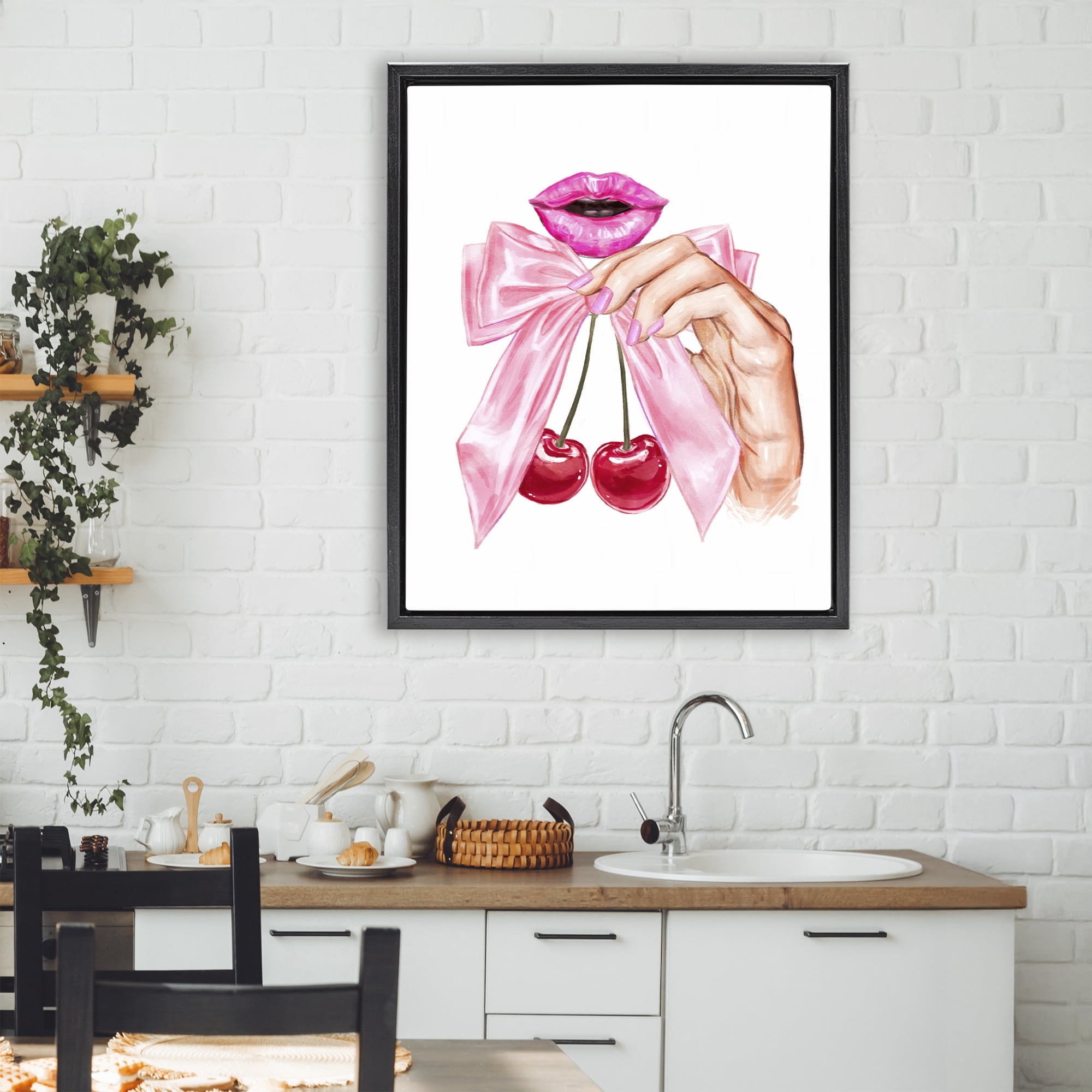 Stupell Industries Lips & Feminine Cherries Black Framed Floater Canvas Wall Art, design by Ziwei Li