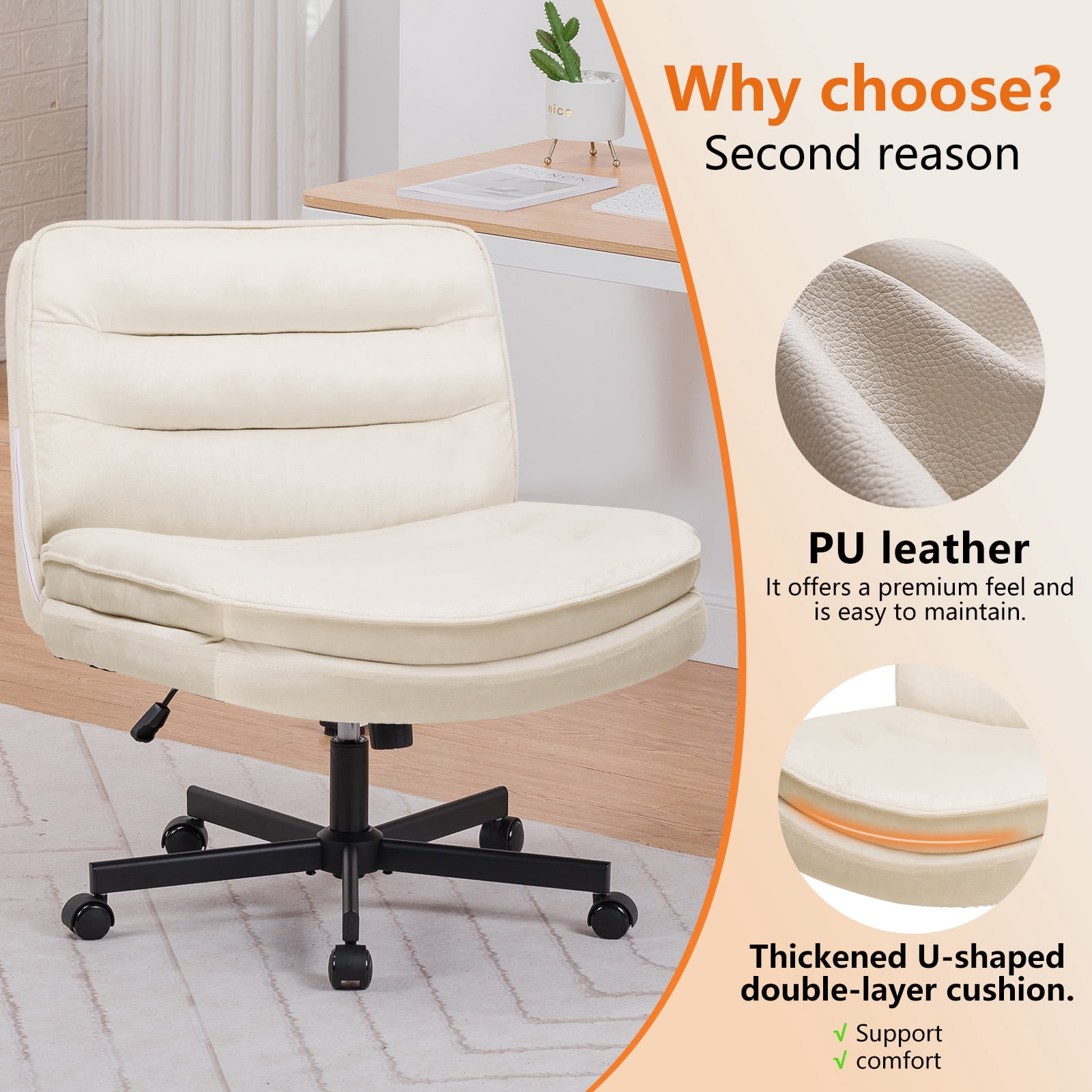COMHOMA Armless Office Desk Chair, Criss Cross Swivel Chair with Wheels, Wide Seat Adult Vanity Chair for Home Office , Beige