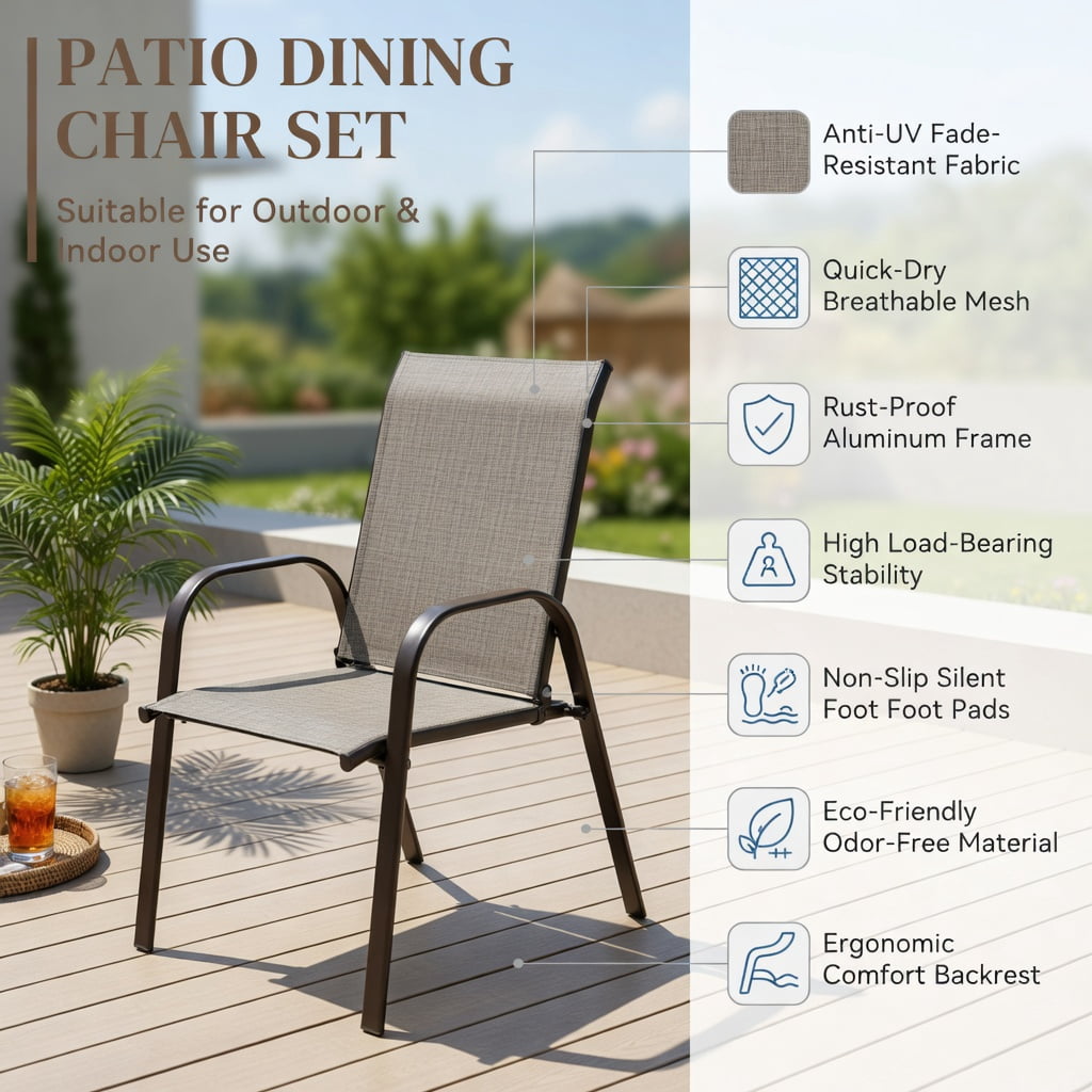 Hommoo 2-Pack Outdoor Patio Dining Chairs with Armrests, Heavy-Duty Steel Frame, Breathable Fabric, for Garden, Poolside & Balcony Use, Gray