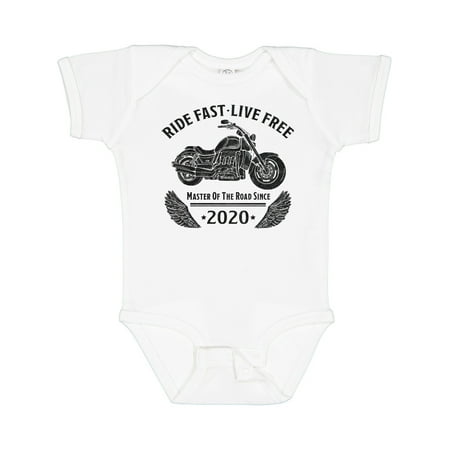 

Inktastic Ride Fast Live Free Master of the Road Since 2020 Motorcycle Gift Baby Boy or Baby Girl Bodysuit