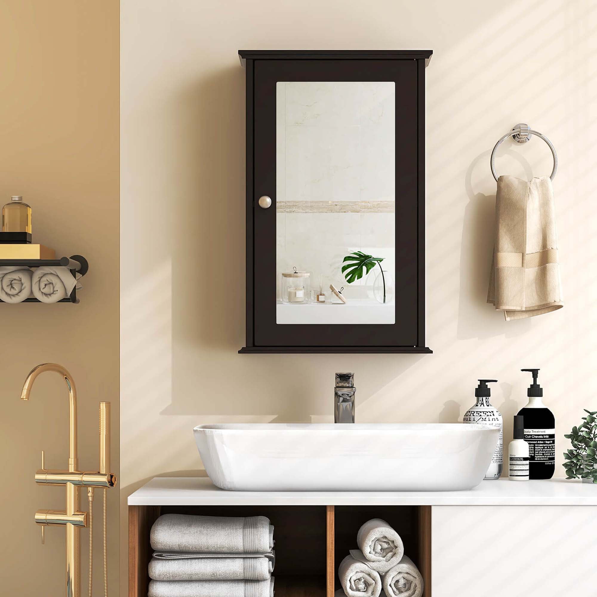 Costway Bathroom Wall Cabinet Single Mirror Door Cupboard Storage Wood Shelf Brown