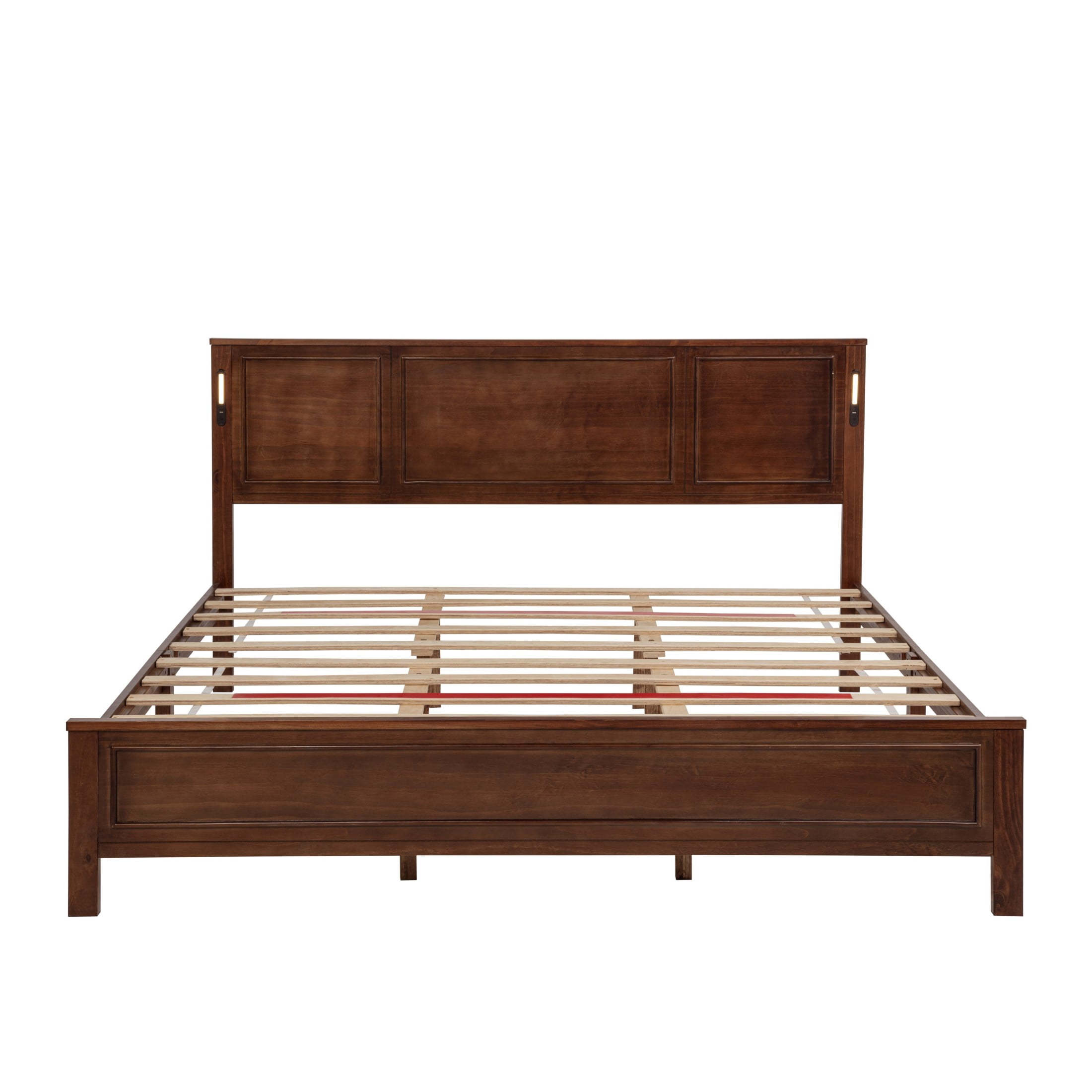 Aukfa King Size Bed Frame with LED Headboard, USB & Type-C Charging Station, Farmhouse Solid Wood Platform Bed with Pinewood Slat Support, Walnut