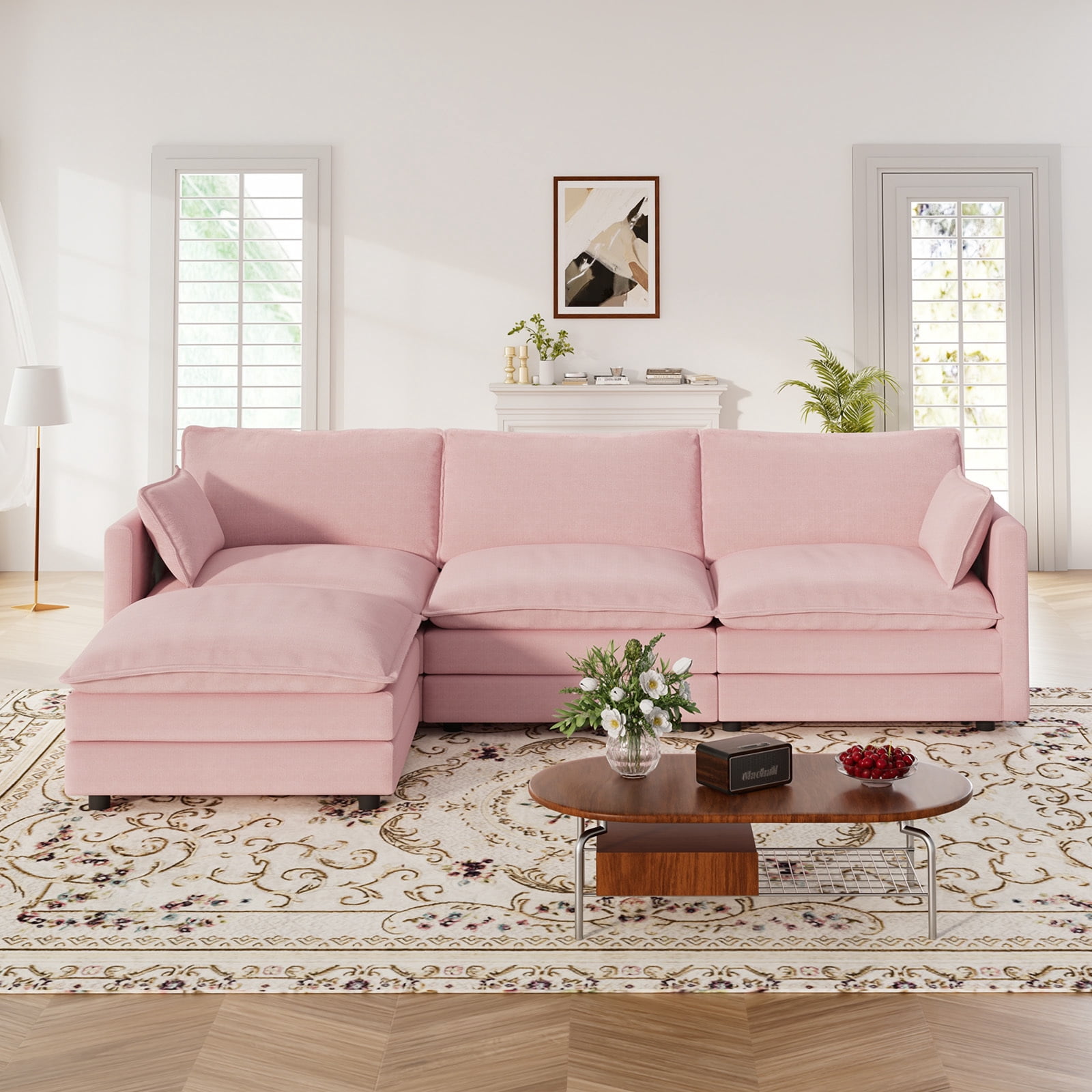 Muumblus Sectional Cloud Couch with Reversible Ottoman, L-Shaped Chenille Sofa for Living Room, Pink
