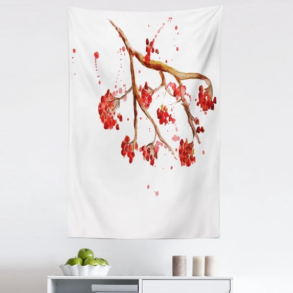 Rowan Tapestry, Rowan Berry Branch with Watercolor Splashes Floral Abstract Display, Fabric Wall Hanging Decor for Bedroom Living Room Dorm, 5 Sizes, Red Brown White, by Ambesonne