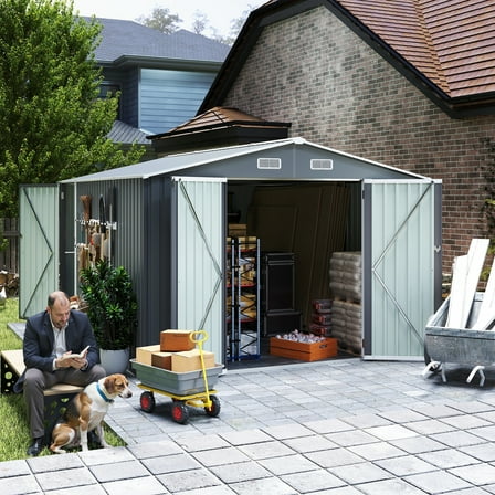 Campcraft 9x11 FT Outdoor Storage Shed with 3 Lockable Doors, Metal Utility Tool Shed with 4 Vents, Large Garden Storage for Lawn Equipment, Patio Furniture, Backyard Organization, Grey