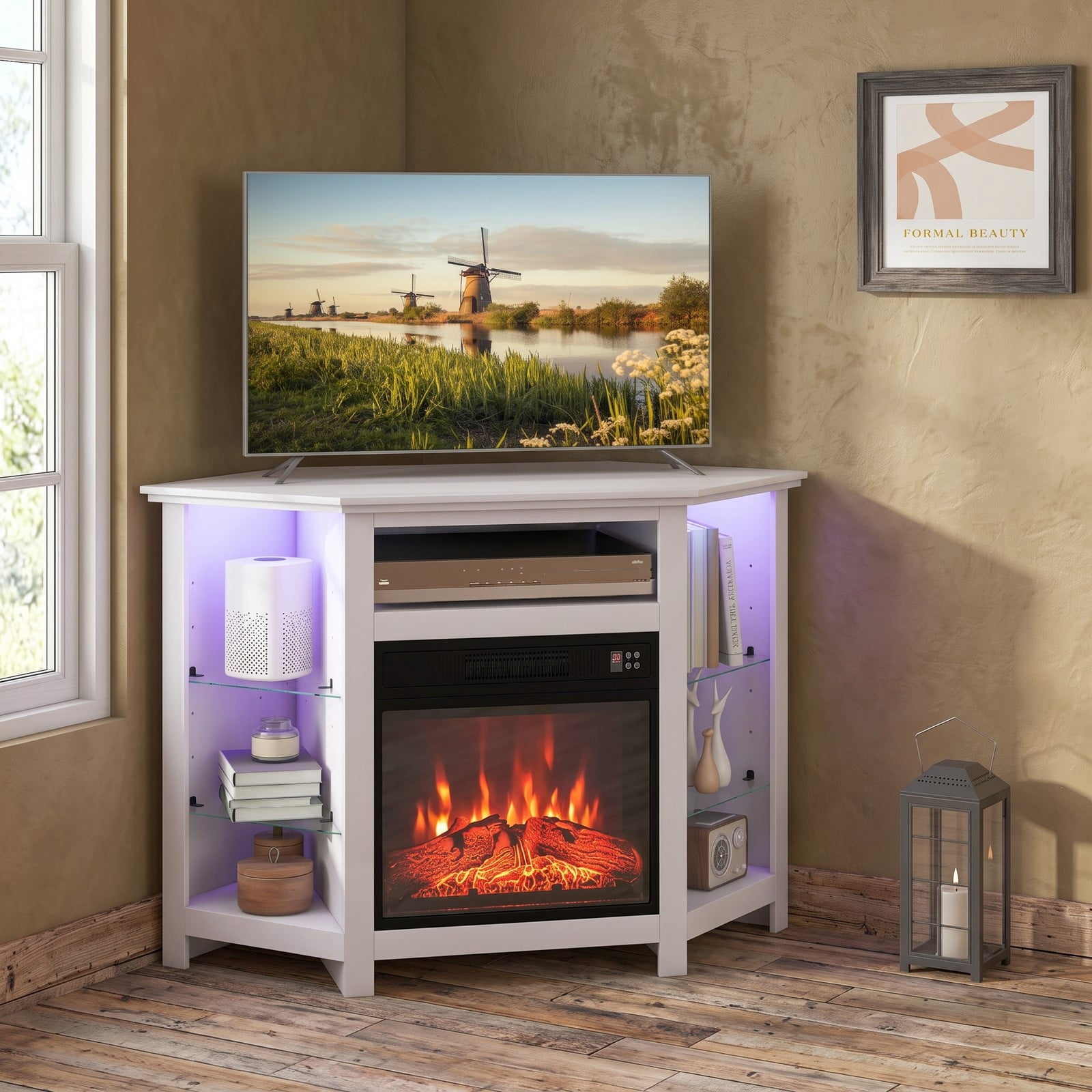 Furnibear Corner Fireplace TV Stand with LED Lights and Smart APP Control for TVs up to 50 Inches, Electric Media Console with Glass Shelves and Adjustable Flame, White