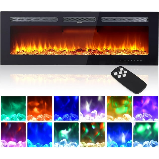 Twister.CK Cheminée Électrique Murale 60 Pouces, Cheminée Murale Encastrée avec Télécommande et Écran Tactile, Chauffage Intérieur Ultra Fin, 12 Couleurs de Flamme Réglables, 750/1500W