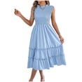 thumbnail image 2 of Women's Elegant Midi Tiered Dress Sleeveless Mock Neck Smocked Bodice High Waisted A-Line Swing Dress Flowy Lightweight Flattering Dress for Wedding Guest Party Date, 2 of 8