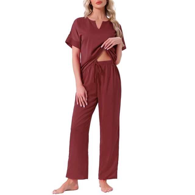 INSPIRAR CHIC Pijamas de Satén para Mujeres, Camisa de Manga Corta con Cuello en V y Pantalones Largos, Conjunto de Ropa de Casa Suave Pjs Set L Rojo
