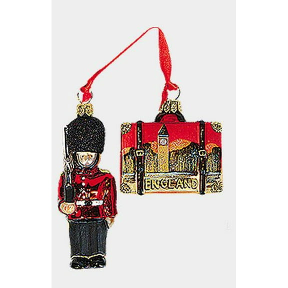 Mini England Guard and Travel Suitcase Polish Glass Christmas Ornament Set