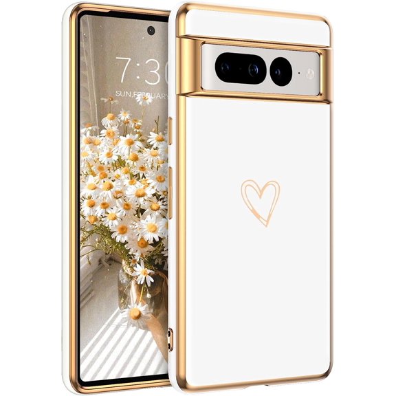 Google Pixel 7 Pro Case, Google Pixel 7 Pro Phone Case Electroplating Heart Camera Protection Protective Slim Flexible Non-Slip Bumper Shockproof Google Pixel 7 Pro Case 6.7 Inch, White