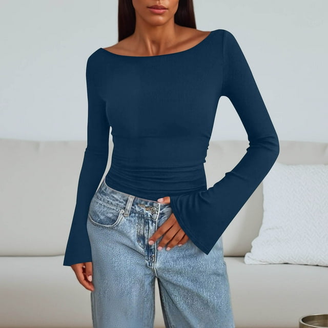 Wensltd Hauts à Manches Longues Noirs pour Femmes Mode Printemps Col Rond Extensible Ajusté