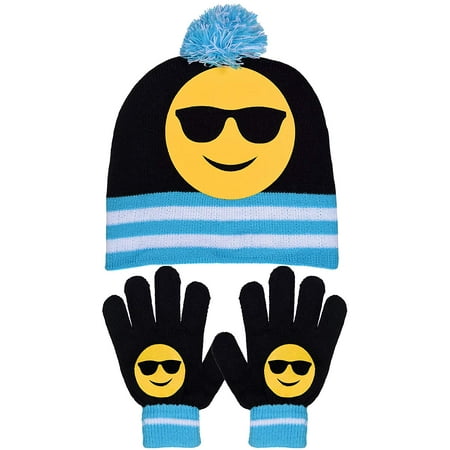 SWAK Girls Emoji Smiley Face Bold Striped Knit Pom Pom Beanie & Gloves in Fun Colors