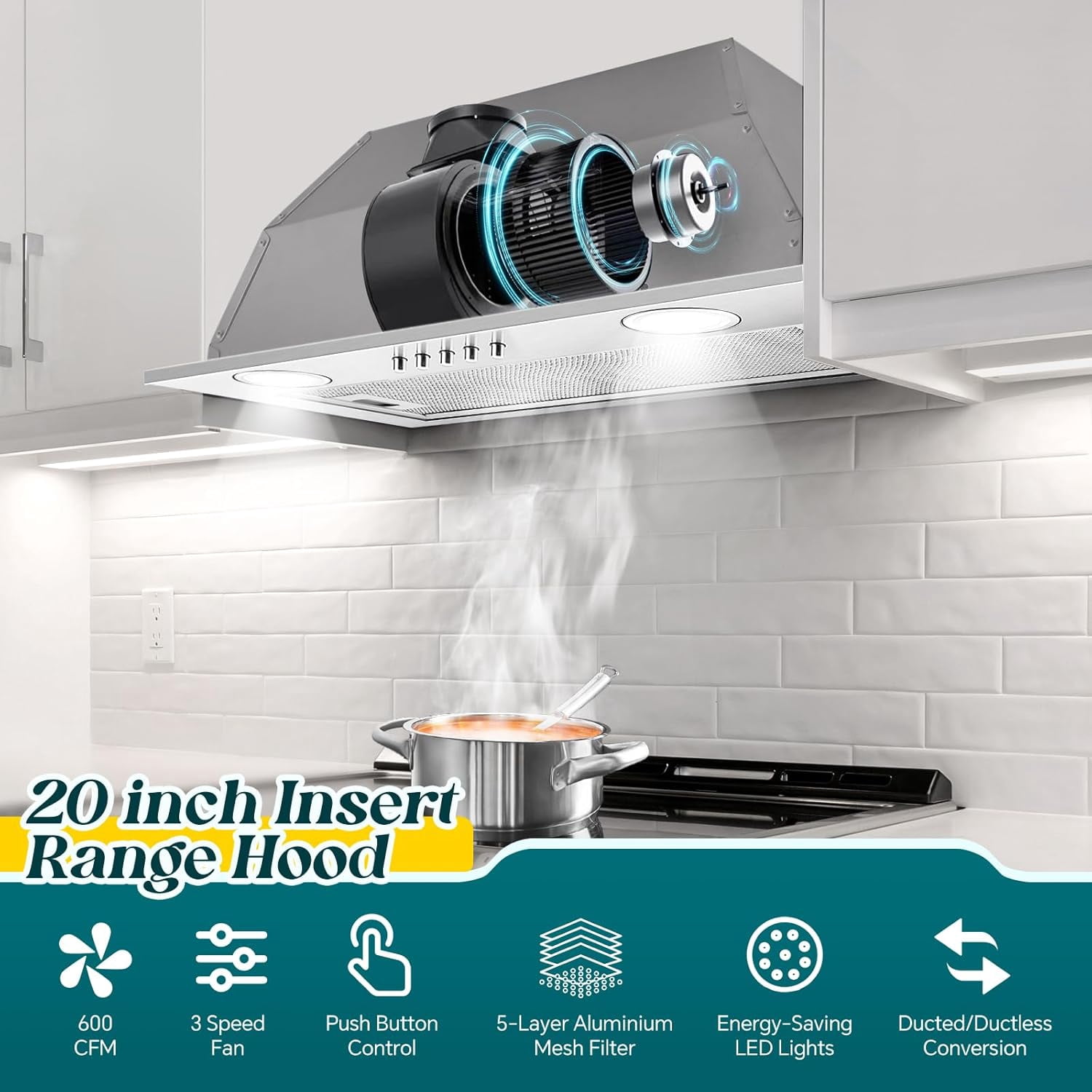 Range Hood Insert 20 Inch Built-in Kitchen Hood 600CFM Ducted/Ductless Convertible Vent Hood Insert with Mesh Filter, Push Button Control Stainless Steel Range Hood 3 Speed Fan