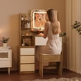 thumbnail image 3 of Modern 36-Inch Makeup Vanity Desk with Mirror & Adjustable LED Lights – 4 Drawers, Storage Shelves, Power Outlet, USB Ports, and Stool – Bedroom Dressing Table, Natural Wood Color with White Drawer, 3 of 8