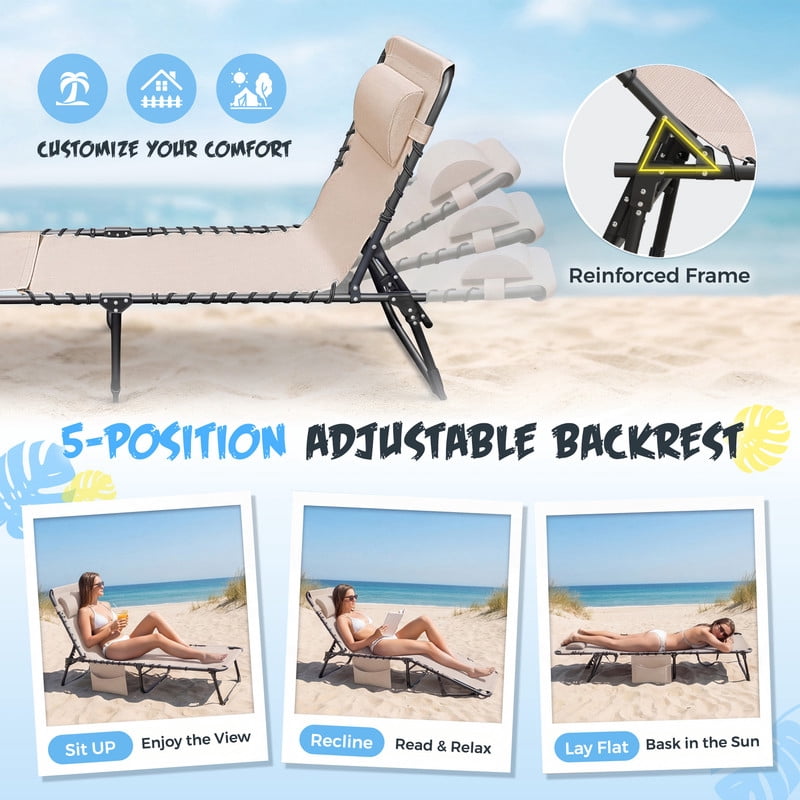 Lacoo Teslin Foldable Lounge Chair, Outdoor Chaise Lounge with Sauna, 5-Position Adjustable Beach Chair, Beige