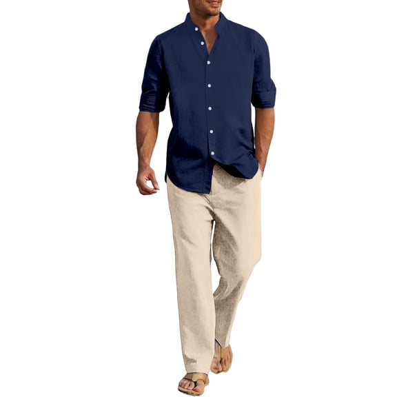 RUTAYY Men's Outfits Breathable Solid Color Long Sleeve Shirt with Button Pockets Comfortable Pants Yoga Casual Outdoor Wear Classic Travel Clothing Sets