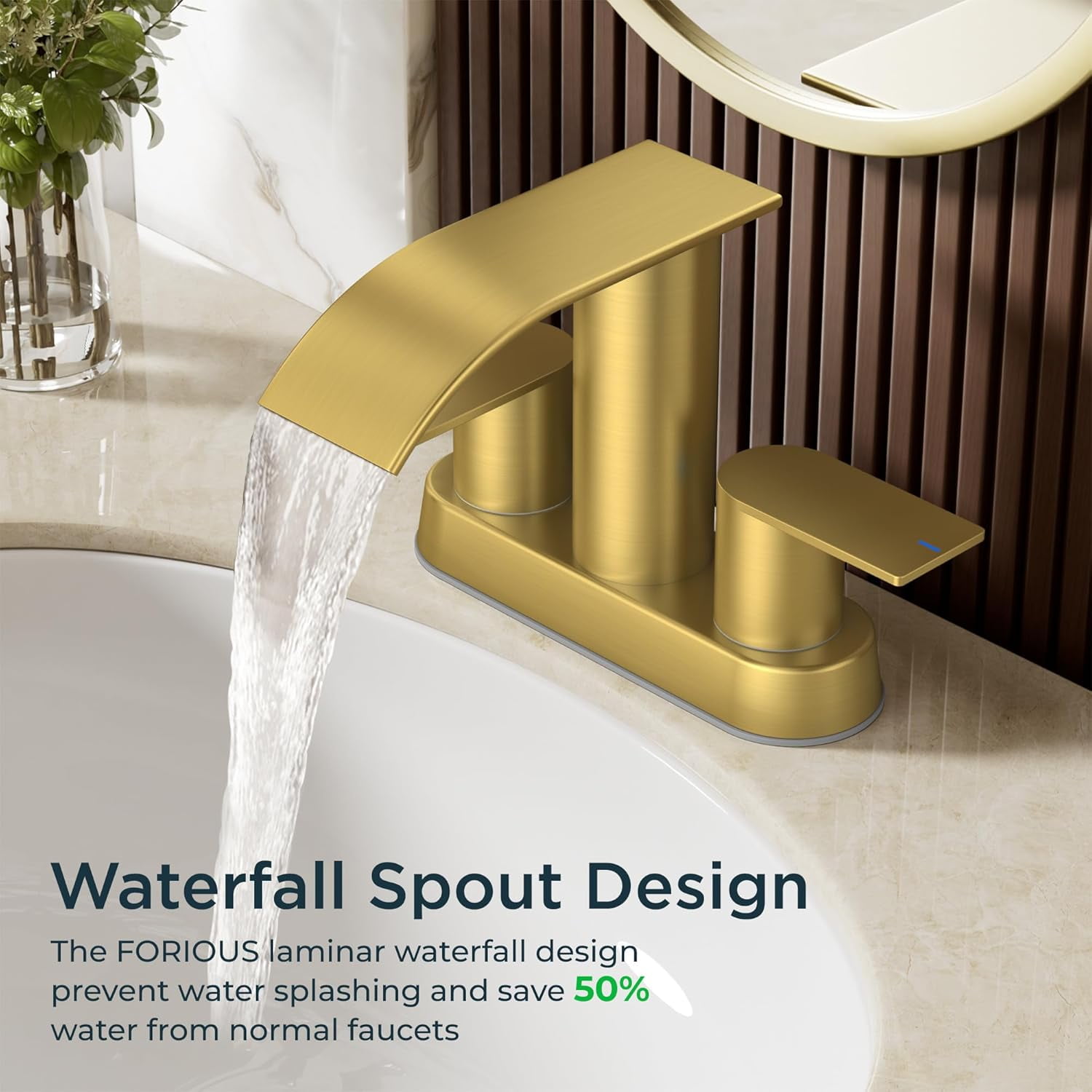 Brushed Gold Bathroom Sink Faucet, Waterfall 4 Inch Centerset Bathroom Faucets with Metal Pop up Drain and cUPC Hose for Basin,Vanity, Rv, Lavatory 2 or 3 Hole Sink