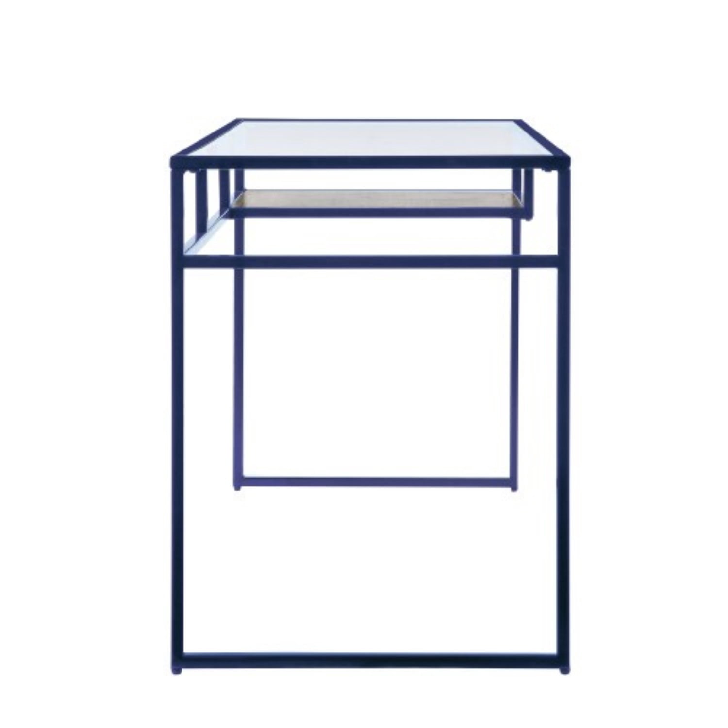 Modern Glass Top Writing Desk with Metal Frame, Blue Home Office Computer Desk with Open Shelf for Study Bedroom Workspace