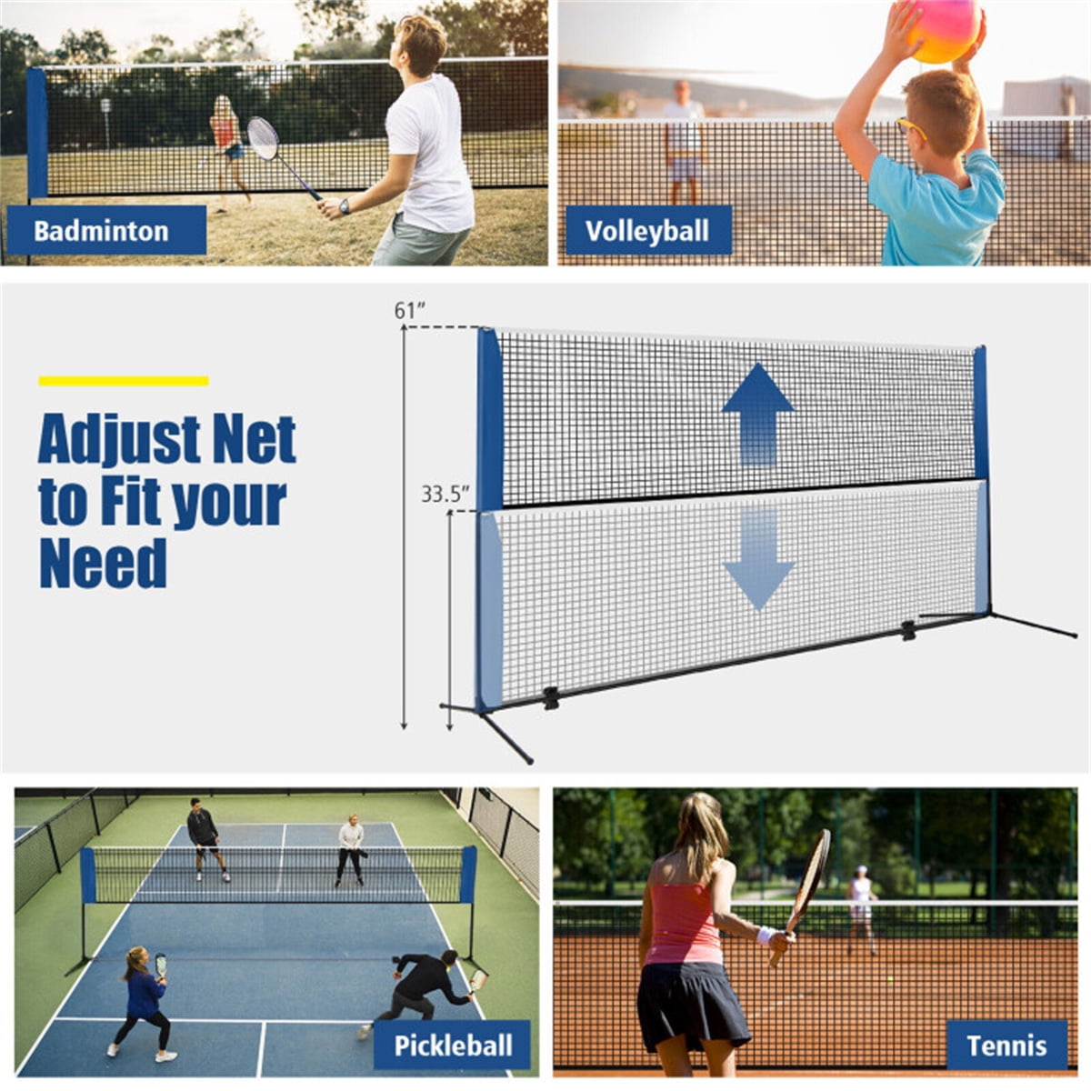 14ft Multi-Sport Net Set - Adjustable Height 33.5"-61" for Badminton Volleyball Pickleball  Tennis - Versatile Indoor Outdoor Game Net for Family  Friends