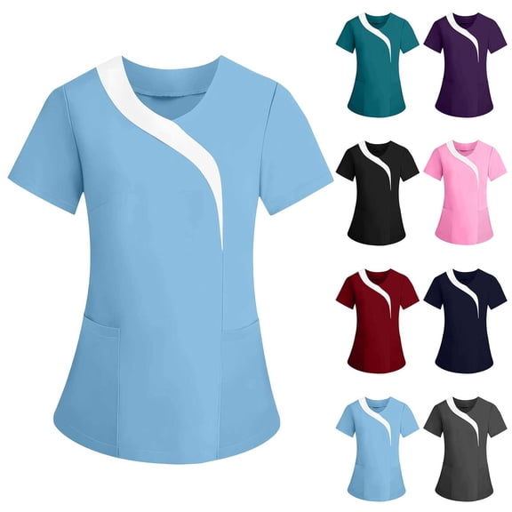 Inverlee Scrub Tops for Women Multi Color Short Sleeve Workwear Comfort Shirts Professional Uniform Blouses Black XL