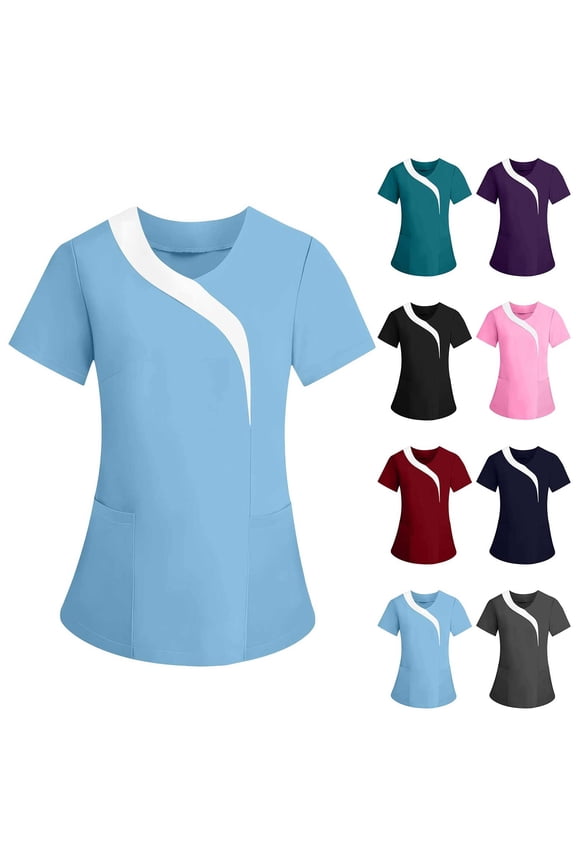 Scrub for Women Tops Solid Color Short Sleeve V-Neck Nursing Pullover Blouse Casual Loose Caregiver Uniform Tops with Pockets