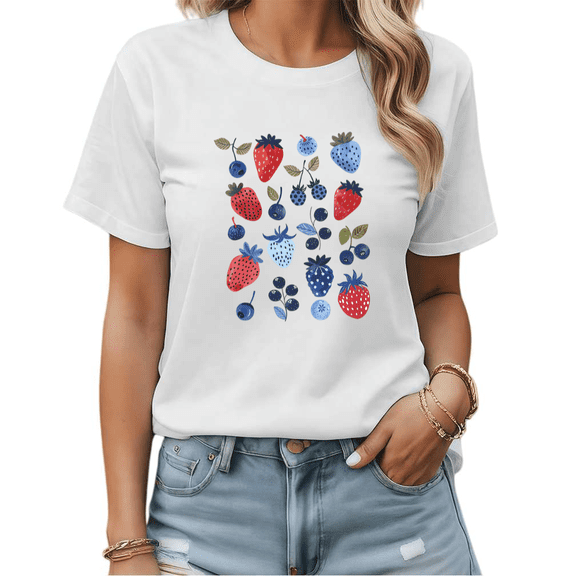 Red & Blue Berry Cluster Graphic Tees Womans T shirt Black/White S-5XL Shirts Casual Daily Tops
