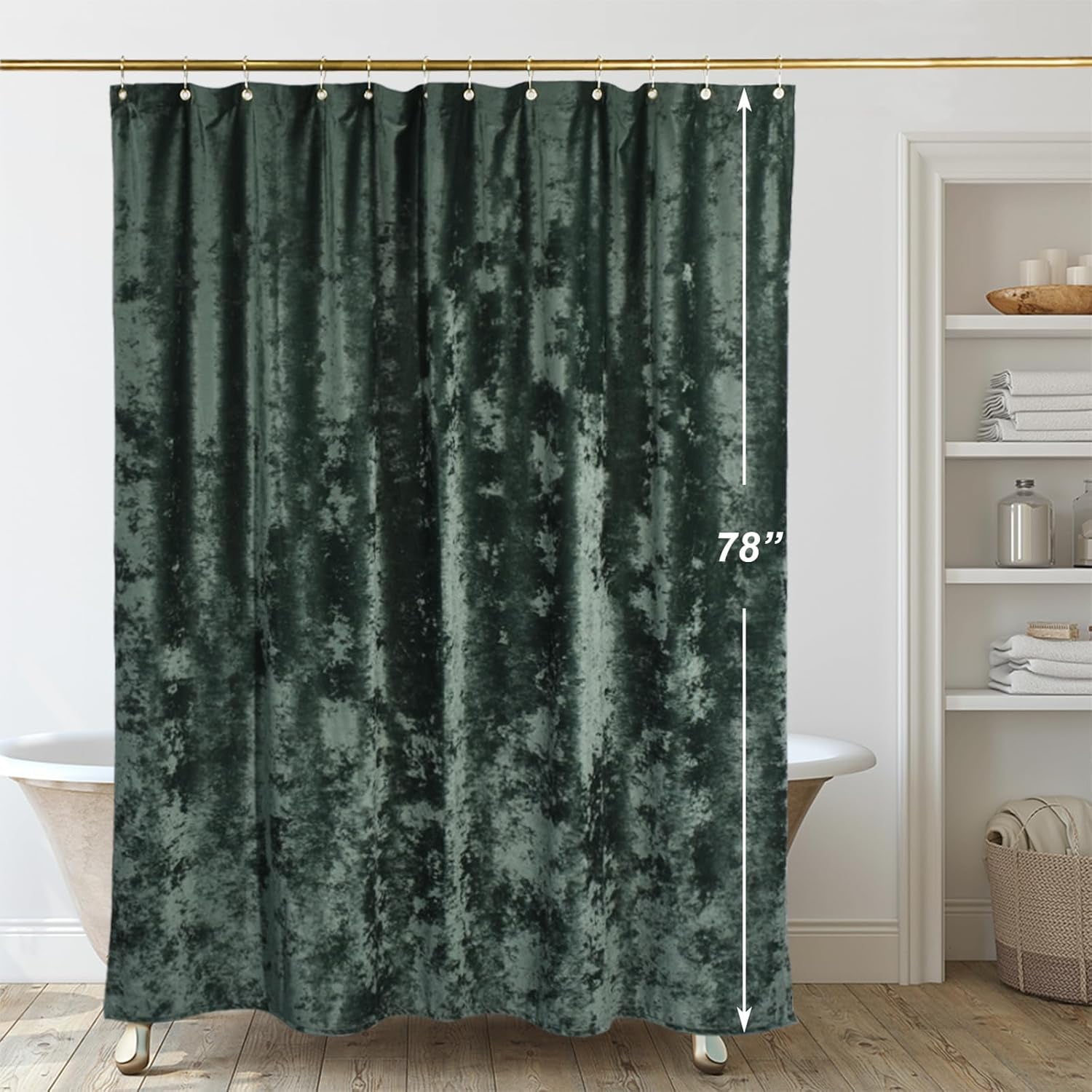 78 inch Shower Curtain, Crushed Velvet Long Shower Curtain Set with 12 Gold Hooks, Waterproof Thick Fabric, Machine Washable, 72W x 78H, Dark Green