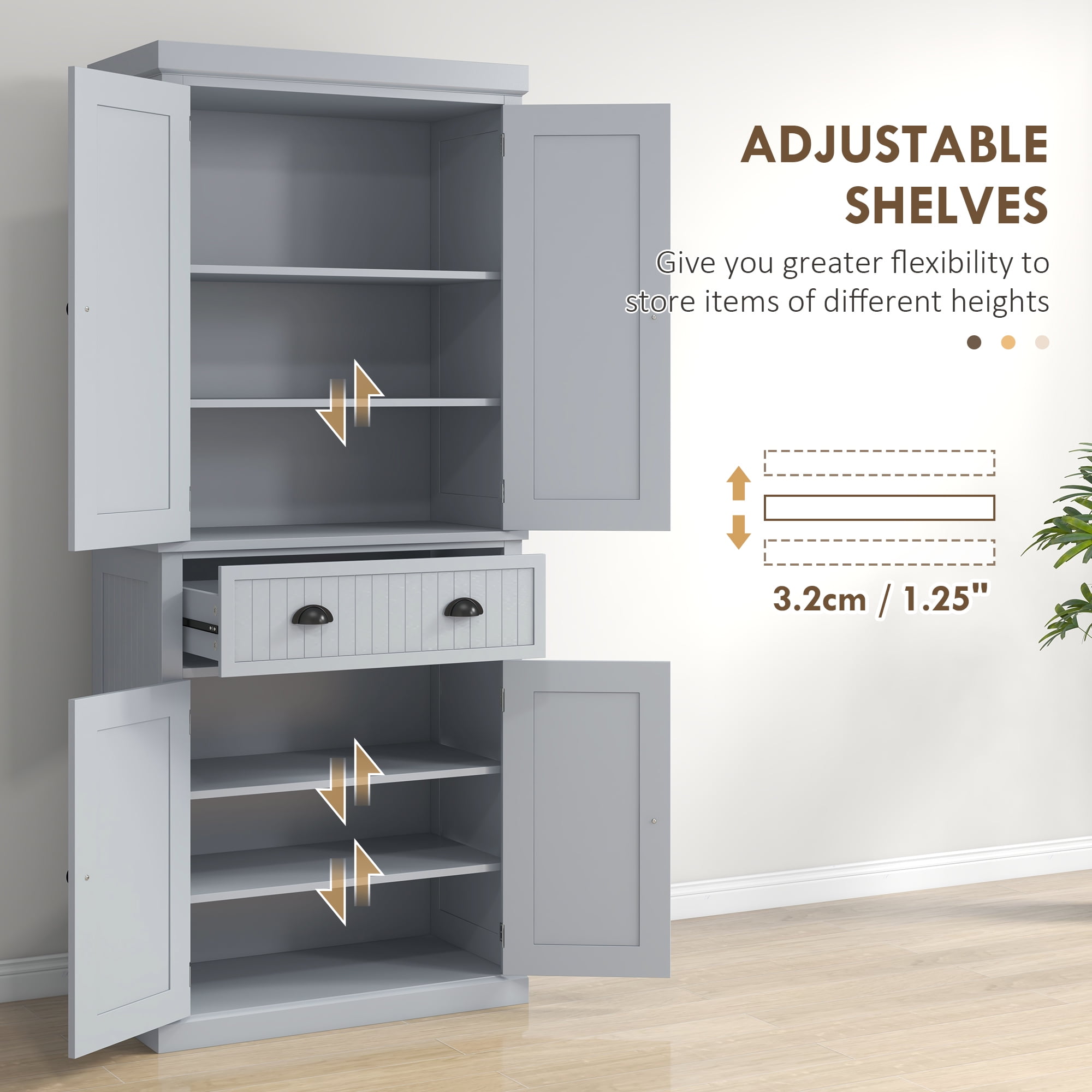 HOMCOM 72" Traditional Kitchen Pantry Cabinet, Freestanding Tall Storage Cabinet with 4 Doors, Drawer and 3 Adjustable Shelves for Dining Room, Gray