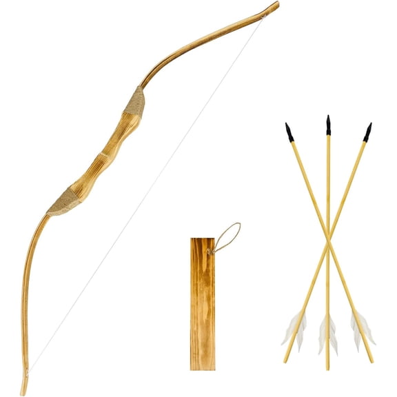 Youth Wooden Bow and Arrow Set, 40 Inch Handmade Wooden Bow and Arrow Cosplay Costume Prop Archery Set Games Toys, 1 Bows 1 Quivers and 3 Feather Arrows, Gifts for Kids Youth Boys and Girl